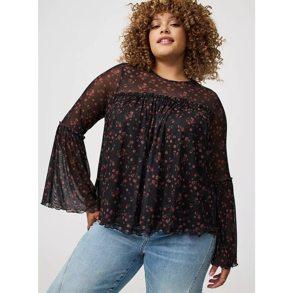 Torrid Flowy Stretch Mesh Top Bell Sleeve Boho Witchy Romantic Whimsigoth 6 6X